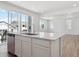 Modern kitchen with stainless steel dishwasher, large island with quartz countertops, and a large window at 8339 Snake River St, Littleton, CO 80125
