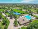 An aerial view of the community, highlighting the pool, tennis courts, and surrounding green spaces at 5416 S Hannibal Ct, Centennial, CO 80015