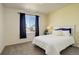 Bright bedroom featuring a large window with navy curtains and neutral colored walls and carpet at 5782 Waverley Ave, Firestone, CO 80504