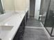 Modern bathroom with dual vanities, granite countertops, and a sleek glass-enclosed shower at 7865 E Mississippi Ave # 706, Denver, CO 80247