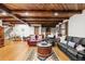 Spacious living room with wood floors, exposed beams, and comfortable leather seating at 689 Red Deer Rd, Franktown, CO 80116