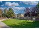 Large grassy backyard with wooden fence and mature trees at 470 Grey Swallow St, Brighton, CO 80601