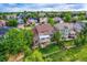 Aerial view of the backyard featuring a well-maintained lawn, patio area, and surrounding mature trees at 854 Countrybriar Ln, Highlands Ranch, CO 80129