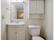Cozy bathroom featuring a pedestal sink, cabinet storage, and adjacent toilet with a built-in shelving unit at 17664 E Loyola Dr # C, Aurora, CO 80013
