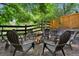 Backyard fire pit surrounded by Adirondack chairs and mature trees at 12 Long Spur, Littleton, CO 80127