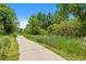Scenic paved path surrounded by green trees and lush vegetation, ideal for walking, running, or biking at 12 Long Spur, Littleton, CO 80127