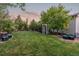 Well-maintained backyard features lush lawn, mature trees, and inviting outdoor seating areas at 16815 E Prairie Goat Ave, Parker, CO 80134
