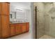 Well-lit bathroom features a vanity with granite countertop and an updated walk-in shower at 16815 E Prairie Goat Ave, Parker, CO 80134