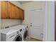 Functional laundry room with front load washer and dryer, storage cabinets and white doors at 16815 E Prairie Goat Ave, Parker, CO 80134