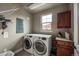 Well-lit laundry room with front load washer and dryer and upper cabinets at 1379 Charles # 4, Longmont, CO 80503