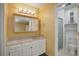 Bathroom showcasing granite countertops, white cabinets, and a shower at 2466 S Vaughn Way # A, Aurora, CO 80014