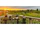 Scenic balcony view at sunset with potted plants and residential buildings in the distance at 6805 Zebra Grass Ln, Parker, CO 80138