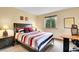 Comfortable bedroom with a black and red striped comforter and view to outside scenery at 2654 Sinton Rd, Evergreen, CO 80439