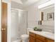 Bathroom featuring a walk-in shower, vanity, and modern fixtures at 13606 E Bates Ave # 309, Aurora, CO 80014