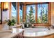 Bright bathroom featuring soaking tub with a picturesque window view, and double vanity sinks at 23 Verde Ct, Breckenridge, CO 80424