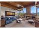Cozy living room with stone fireplace, exposed wood beams and an abundance of natural light at 23 Verde Ct, Breckenridge, CO 80424
