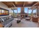 Comfortable living room featuring a stone fireplace, large windows and beautiful mountain views at 23 Verde Ct, Breckenridge, CO 80424