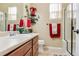 Cozy bathroom with framed shower, vanity with sink, and decorated with plants at 11545 S Flower Mound Way, Parker, CO 80134