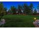 Expansive backyard with mature trees and landscape lighting provides a serene outdoor space at 3970 White Bay Dr, Highlands Ranch, CO 80126