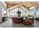 Expansive living room boasting vaulted wood ceilings, stone fireplace, abundant seating and natural light at 10151 E 138Th Pl, Brighton, CO 80602