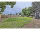 Large backyard with lawn and privacy fence, with mature trees, and deck with stairs at 1010 Ash St, Broomfield, CO 80020