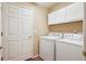 Functional laundry room featuring a white washer, dryer, and ample storage cabinets at 6502 Shea Pl, Highlands Ranch, CO 80130
