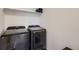 Modern laundry room equipped with Samsung washer and dryer units and a convenient storage shelf above at 42830 Ivydel St, Elizabeth, CO 80107