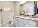 Bathroom featuring white cabinets and mirror with blue towels at 25059 E Alder Dr, Aurora, CO 80016