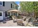 This outdoor patio area features a stone fire pit, a cantilevered umbrella, and an outdoor seating area at 4358 S Alton St, Greenwood Village, CO 80111