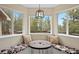 Cozy breakfast nook featuring a table and built-in seating with wooded views from the surrounding bright windows at 24 Navajo Trl, Evergreen, CO 80439