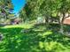 Serene backyard featuring lush greenery, mature trees, and a fire pit seating area, offering privacy and relaxation at 5 Walden Ln, Cherry Hills Village, CO 80121