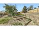 Terraced backyard featuring wood framed gardening beds with soil and vegetation at 9958 Milwaukee St, Thornton, CO 80229