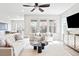 Bright living room featuring large windows, stylish furniture, and a ceiling fan at 14850 Munich Ave, Parker, CO 80134