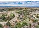 Expansive aerial shot displaying the community's layout with tree-lined streets and mountain views at 8687 N Pinery Pkwy, Parker, CO 80134