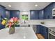 Beautiful kitchen featuring white countertops, stainless steel appliances, and blue cabinets at 3881 S Bahama St, Aurora, CO 80013
