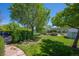 Landscaped backyard featuring lush lawn, mature trees and shrubbery, and a garden shed at 1322 Wicklow St, Boulder, CO 80303