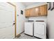 Convenient laundry room with washer, dryer, and ample cabinet storage at 370 Terra Vista St, Brighton, CO 80601