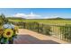 Deck offering scenic views of lush green fields and distant mountain range on a sunny day at 4586 Best Rd, Larkspur, CO 80118