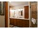 Bathroom vanity with wood cabinets, double sinks, granite countertop and mirrored cabinet at 302 N Main St, Breckenridge, CO 80424