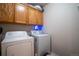Efficient laundry room featuring a washer, dryer, and built-in cabinets for storage at 2151 Burbank St, Berthoud, CO 80513