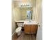 Well-lit bathroom featuring a large mirror and a sink with wooden cabinets at 23760 Broadmoor Dr, Parker, CO 80138