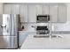 Modern kitchen equipped with stainless steel appliances and sleek countertops, perfect for culinary enthusiasts at 12759 Buffington Trl, Parker, CO 80134