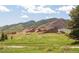 Wide shot of Red Rocks from a well-maintained backyard with a large grassy area at 27 Tamarade Dr, Littleton, CO 80127