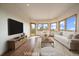 Staged living room featuring a modern TV and furniture, wood floors, and windows with views of the landscape at 23007 Big Game Trl, Conifer, CO 80433