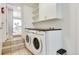 Functional laundry room with modern appliances, overhead shelving, and tile flooring at 3049 S Williams St, Denver, CO 80210