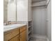 Bathroom with wood vanity, shelving, and mirror at 1196 N Grant St # 204, Denver, CO 80203