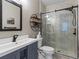 Modern bathroom featuring glass shower, vanity with sink, and stylish mirror at 425 Steele St, Denver, CO 80206