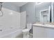 Clean and functional bathroom with a tub, shower, toilet, and vanity with storage at 11069 York St, Northglenn, CO 80233