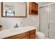 Updated bathroom featuring a single sink vanity and a walk-in shower at 6431 W Arbor Ave, Littleton, CO 80123