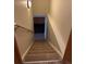 Well-lit basement stairwell with carpeted steps and a secure railing at 2043 S Salida St, Aurora, CO 80013